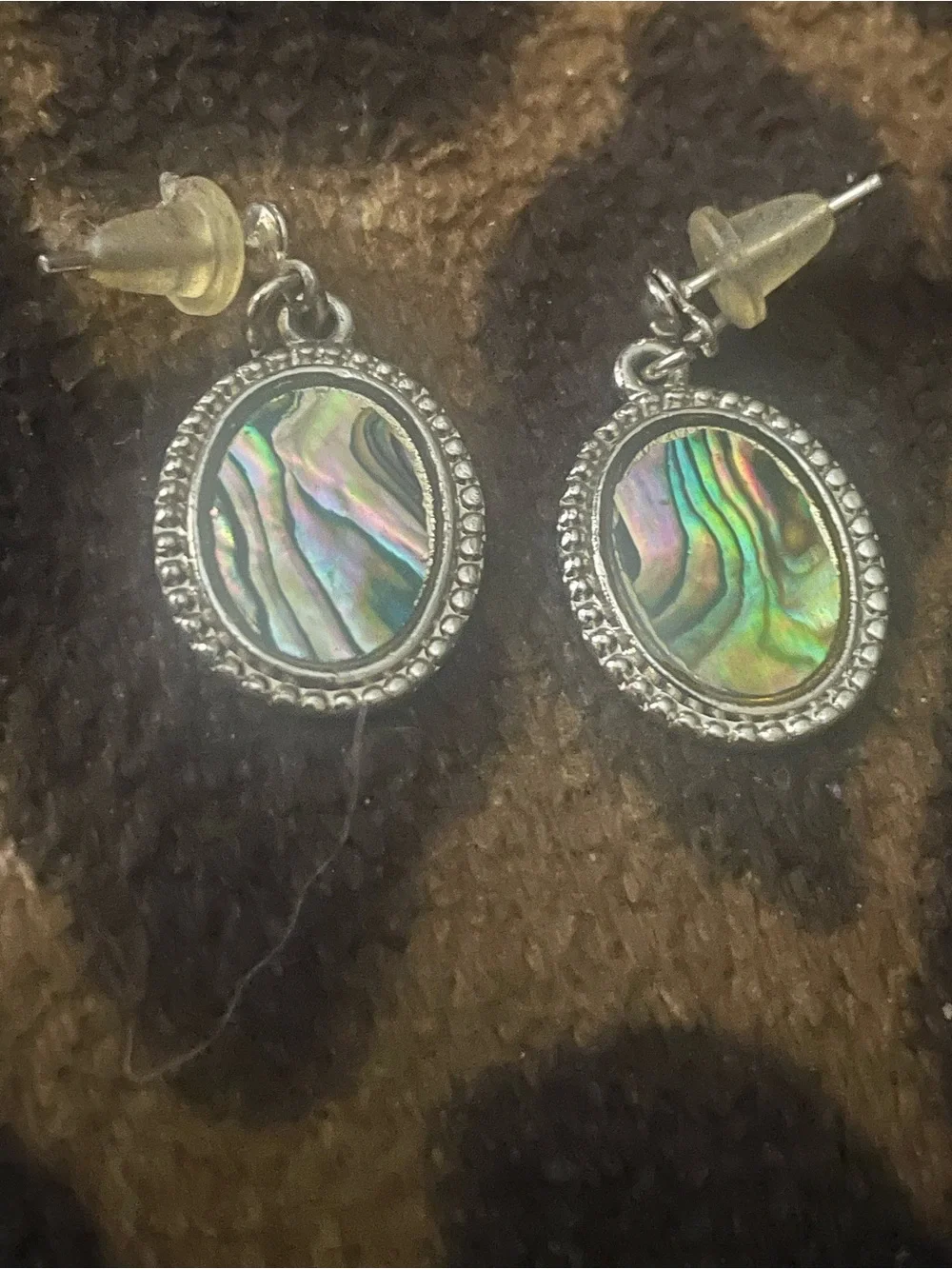 Silver Abalone Shell Oval Drop Earrings - Iridescent Green